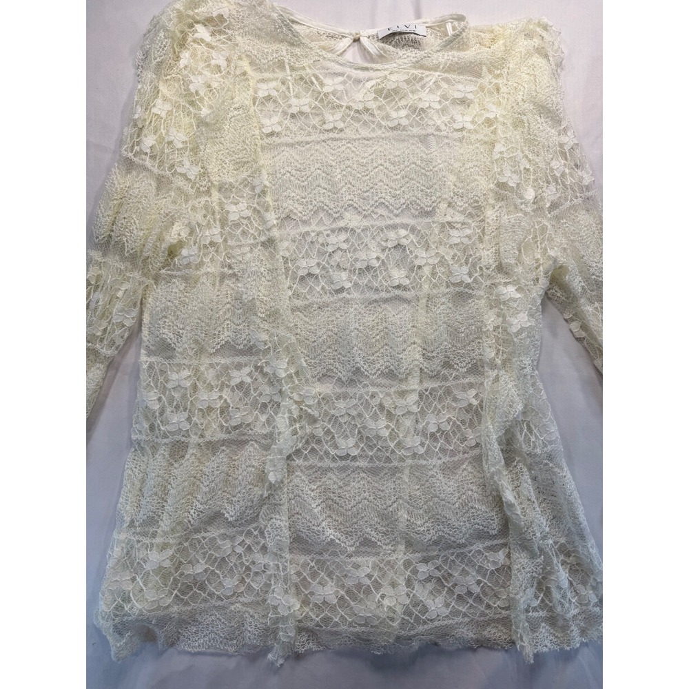 Elvi Womens Plus Size 20 Lace Top Long Sleeve Sheer Floral Blouse Ivory Cream